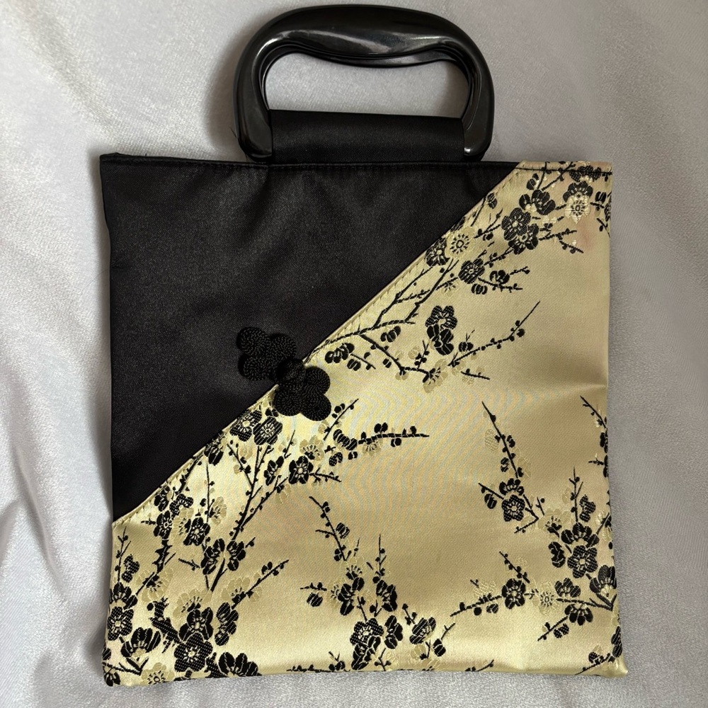 Black Gold Floral Satin Evening Bag Cherry Blossom Top Handle Chinoiserie Purse - Picture 1 of 7